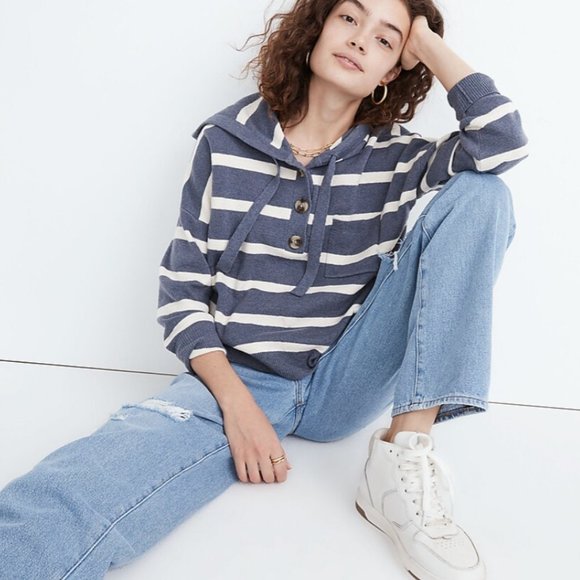 Madewell Striped Olney Henley Hoodie Sweater - Picture 1 of 7